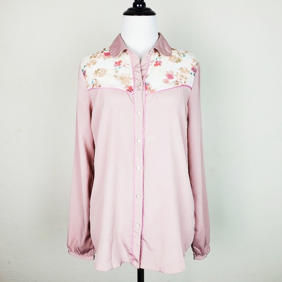 American Eagle Top Floral Western Mauve Pink Button Down Cottagecore Spring Fall - Picture 1 of 11